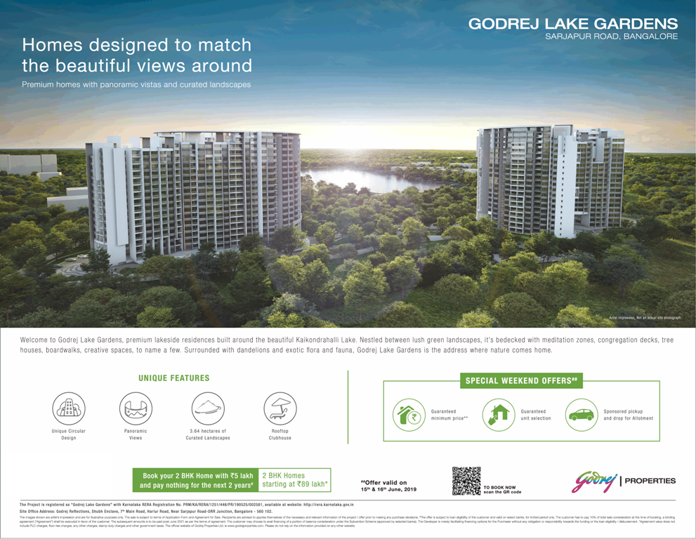 Book your 2 BHK home with Rs 5 Lakh at Godrej Lake Gardens, Bangalore